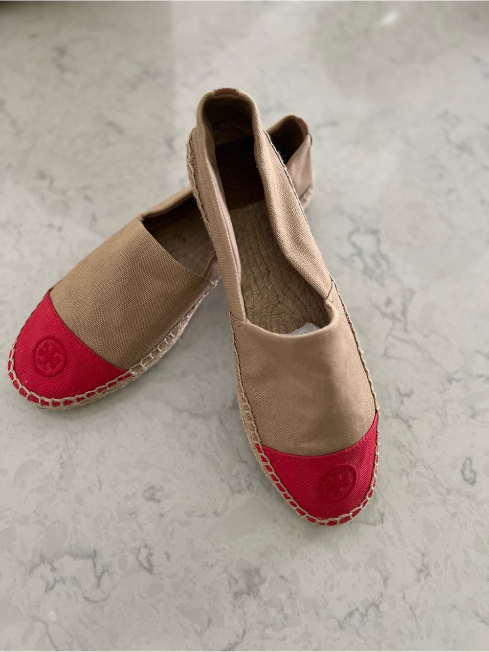 Tory Burch Tan Canvas Espadrilles with Red Toe